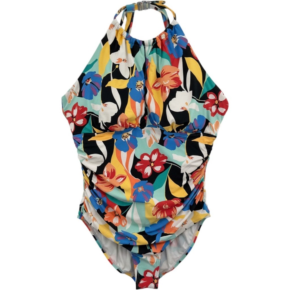Anne Cole Floral One Piece Swimsuit Size 20W Ruching Multi Color high neck
